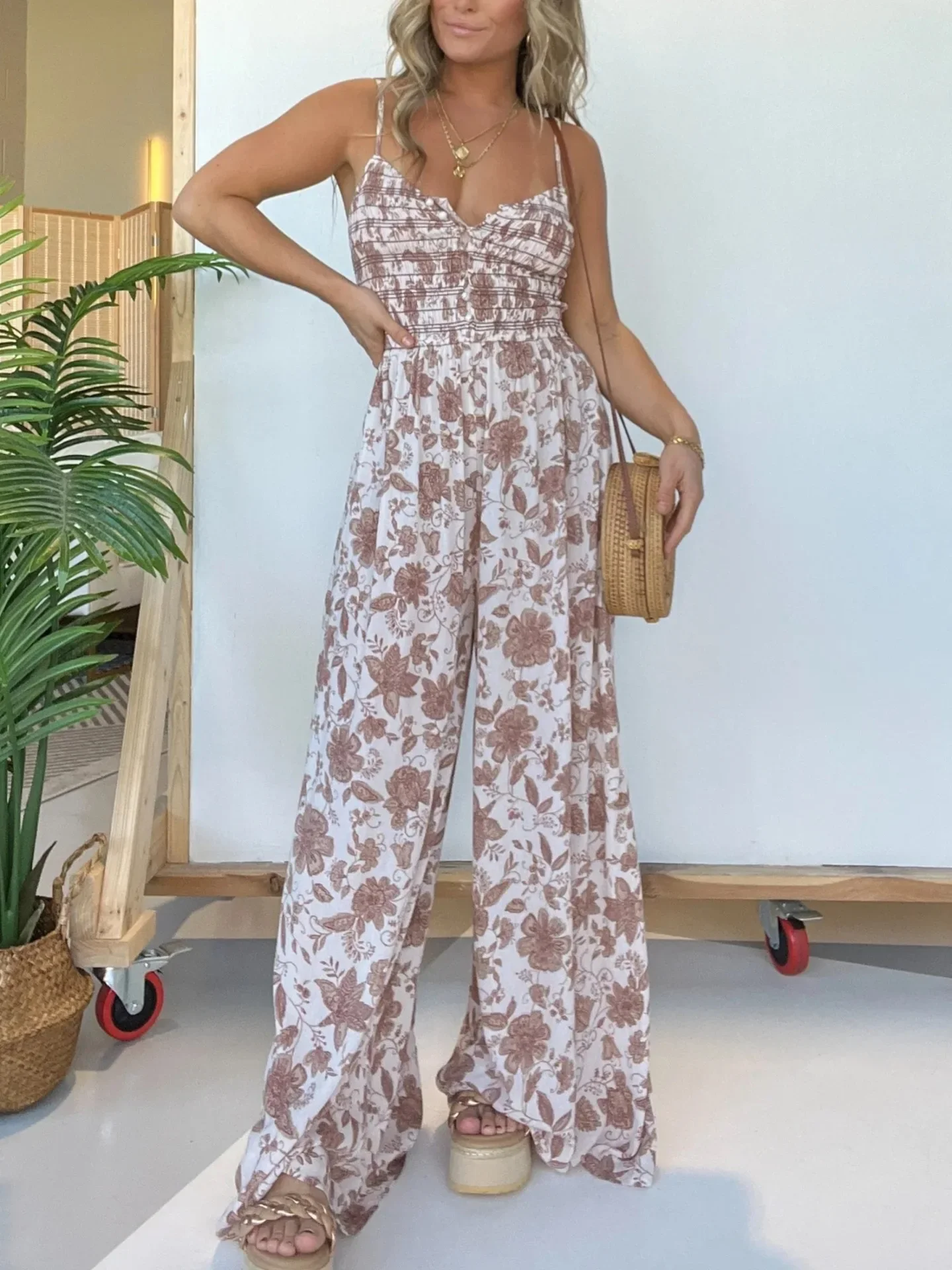 Women One Piece Print Floral Jumpsuits Sleeveless V Neck Sling Rompers Wide Leg Long Pants Overalls Sexy Hight Waist Summer