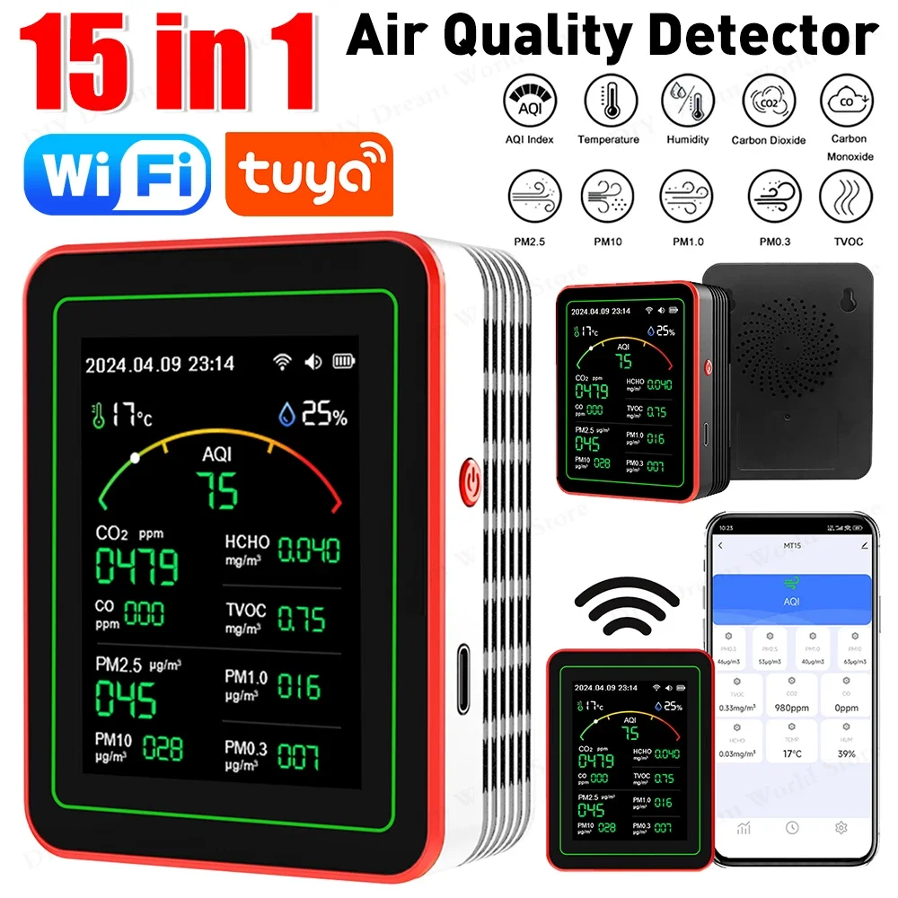 WiFi 15-in-1 Indoor Air Quality Monitor TFT Display Portable AQI PM0.3 PM1.0 PM2.5 PM10 Tester APP Control Multifunctional Clock