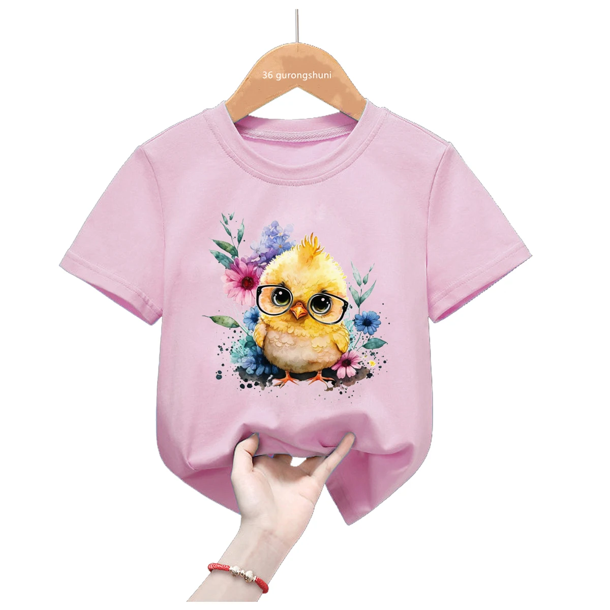 Camiseta divertida con estampado de flores de pollito para niñas y niños, ropa Kawaii para niños, camiseta blanca/Rosa/amarilla, camiseta Harajuku, Tops de verano