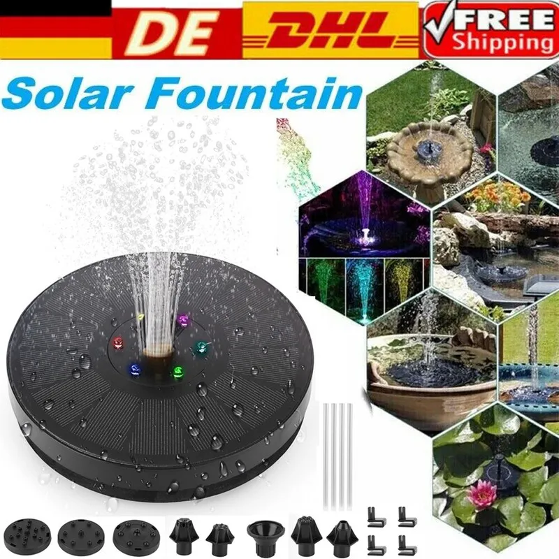 6 LED-160cm Bomba de agua solar para fuentes – 8 boquillas, luces LED de colores y diseño flotante para bebederos de aves, estanques de jardín