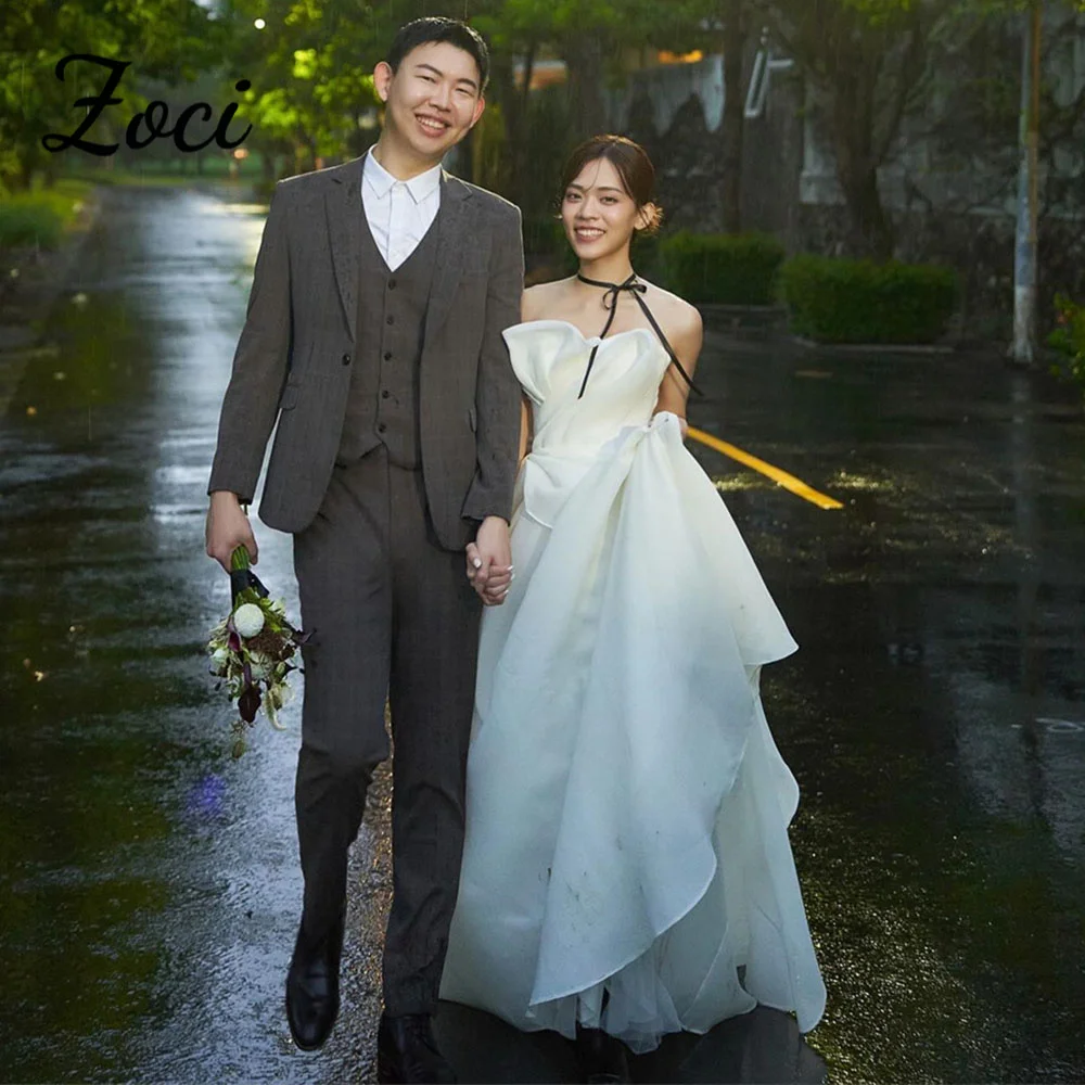 

Zoci Simple Elegant Wedding Dresses Strapless Pleat A-line Bridal Gown Custom Made Korea Photo Shoot Dresses for Bride