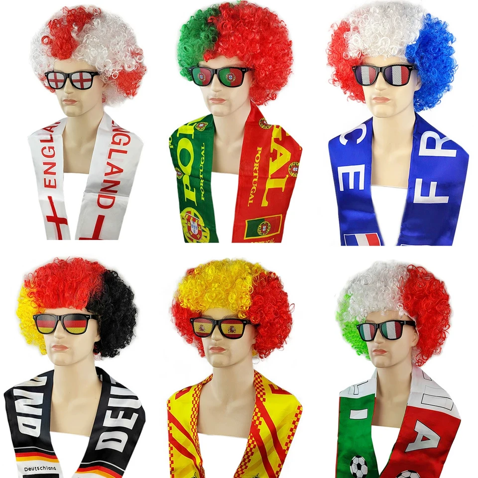 Soccer Match National Flag Color Explosion Hair Wig Fan Hairpiece with Scarf and Glasses Set European National Team Costume