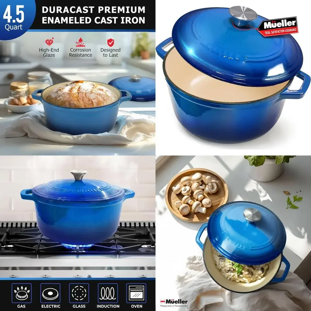 

Aqua Blue 4.5-Quart Enamel Cast Iron Dutch Oven with Lid, Heavy-Duty Casserole and Braiser, Oven-Safe to 500°F, Suitable for All