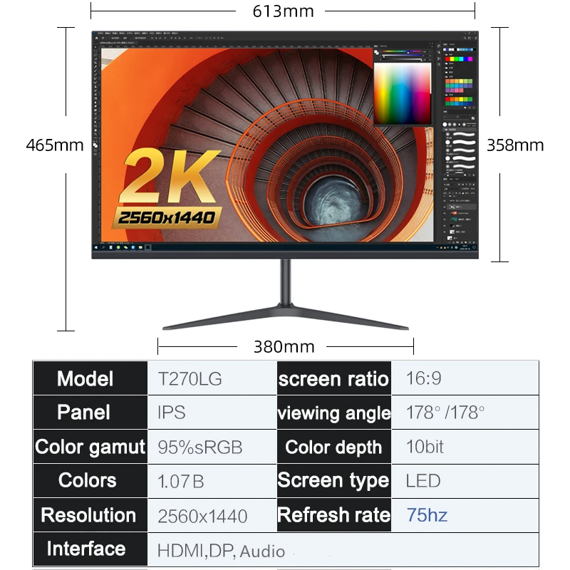 FYHXele Monitor de 27 pulgadas 2K 75Hz QHD IPS Panel LCD plano 1msDisplay Monitor de juego HDMI DP compatible con G-Sync AMD FREESYNC 2560*1440