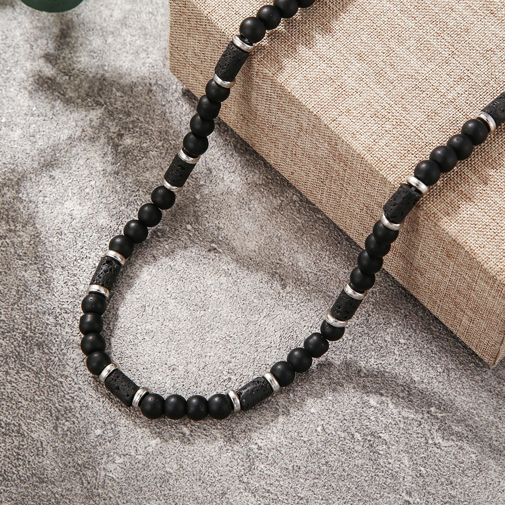 New Vintage Chip Gravel Stone Necklace Men Handmade Classic 6mm Tiger Eyes Lava Stone Bead Necklace For Men Party Jewelry Gift