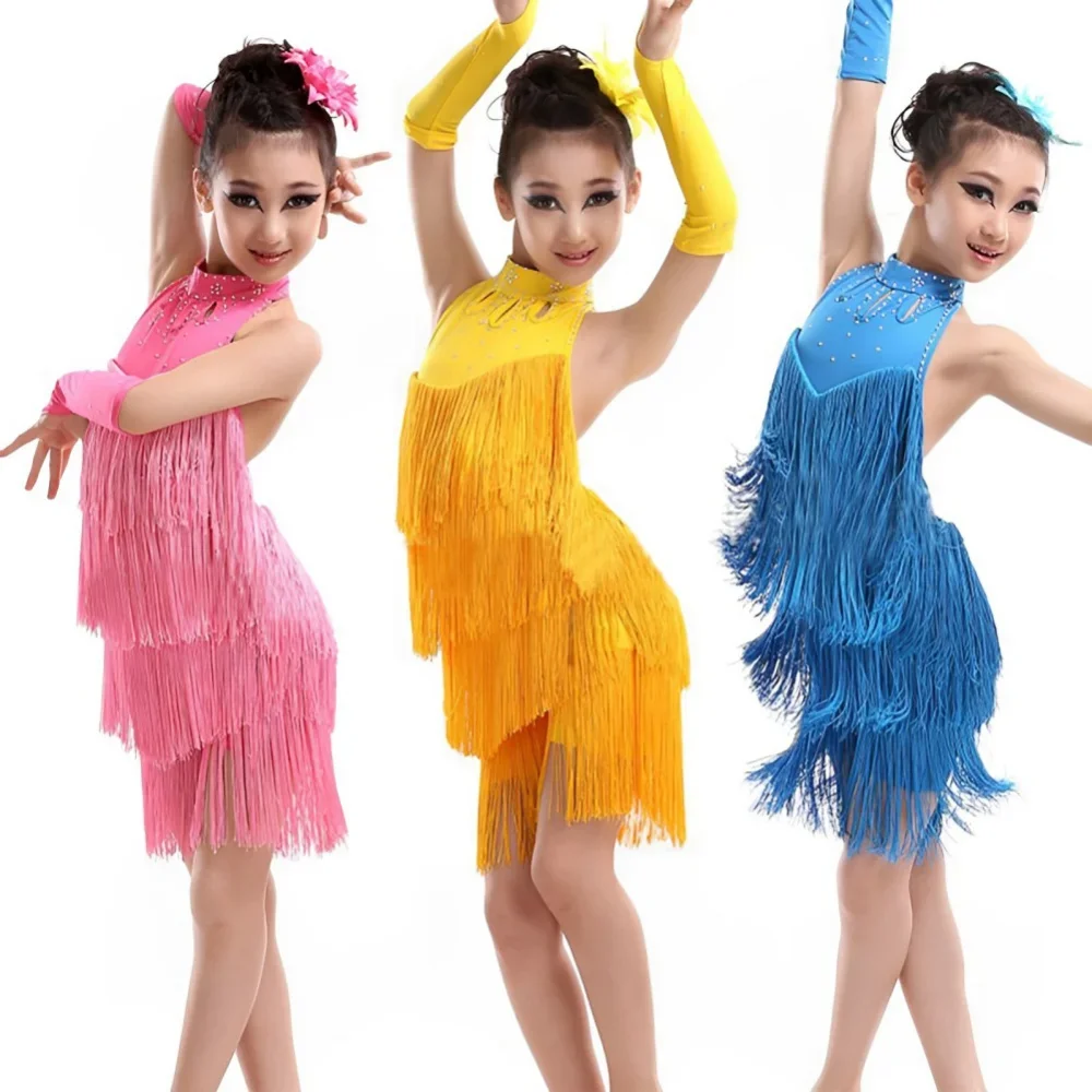 3-15Y Girls Latin Dance Dress for Girls Solid Tassel Dancing Dress Kids High Quality Professional Competition Suit Tango Costume