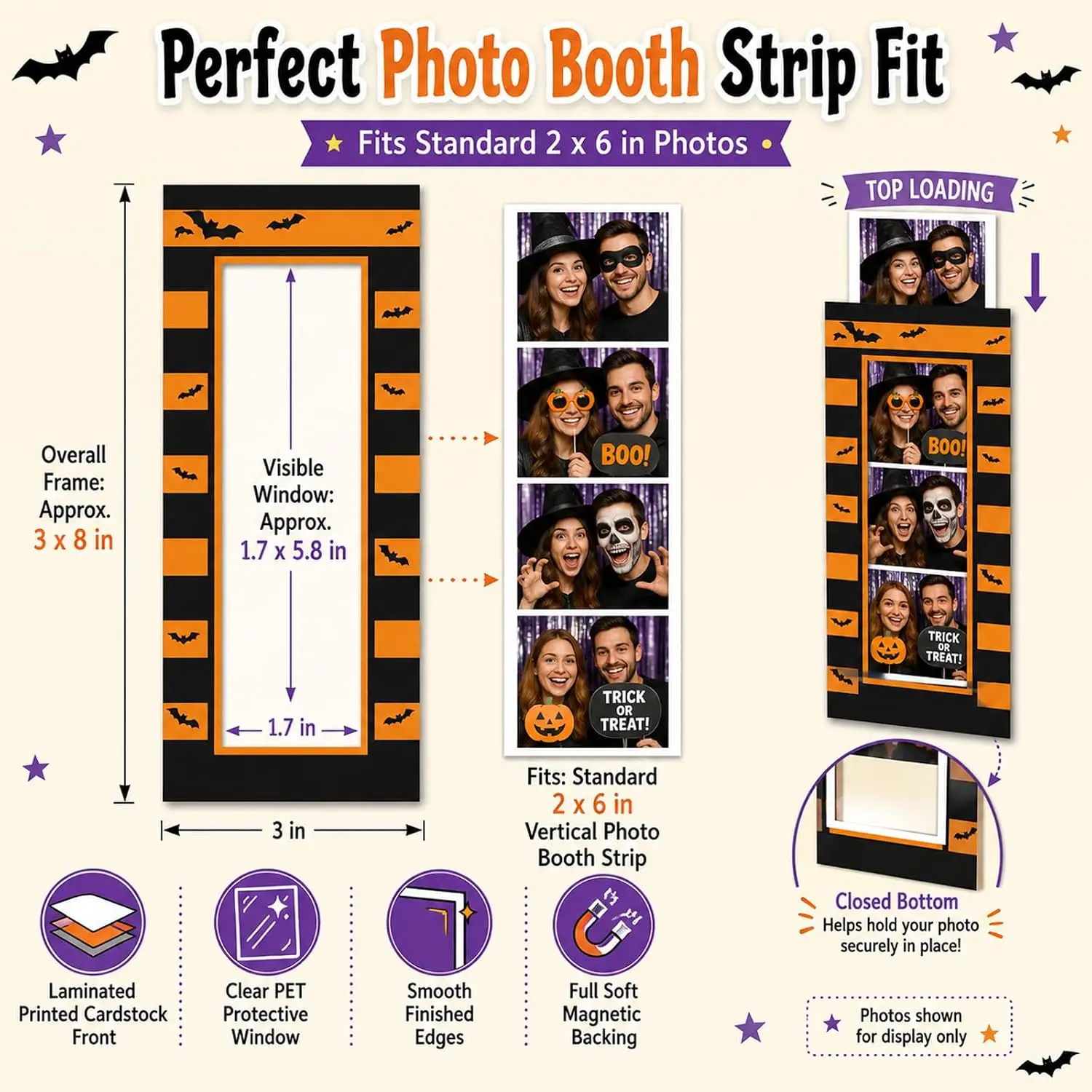 Set of 8 Magnetic Photo Frames, for 2x6 Photo Strips, Refrigerator Decor—Eight Coordinating Seasonal Designs