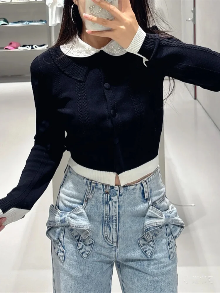 

Ele Doll Collar Knitted Cardigan Long Sve Color Blo Women's Top Sli Commuting Sle Stretchable Autumn Blend Cotton