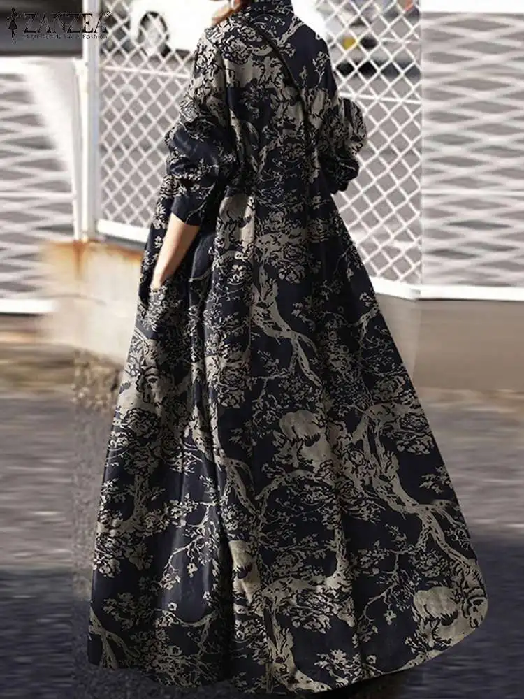 ZANZEA Stylish Autumn Printed Maxi Dress Women Bohemain Shirt Dress Casual Long Sleeve Button Vestidos Female Robe Oversize 2024