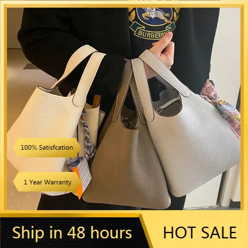 

2024 New Contrast Color Cowhide Bucket Bag Elegant Office Lady All-match Handbags Luxury Genuine Leather Lychee Pattern Purse