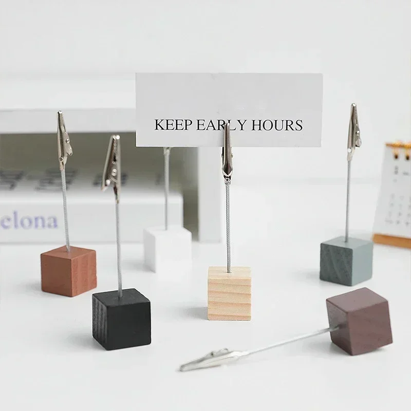 5 قطعة مقاطع مذكرة خشبية حامل بطاقة الأعمال معدن مربع صور عرض موقف رسالة ملاحظة حامل مكتب عمل منظم