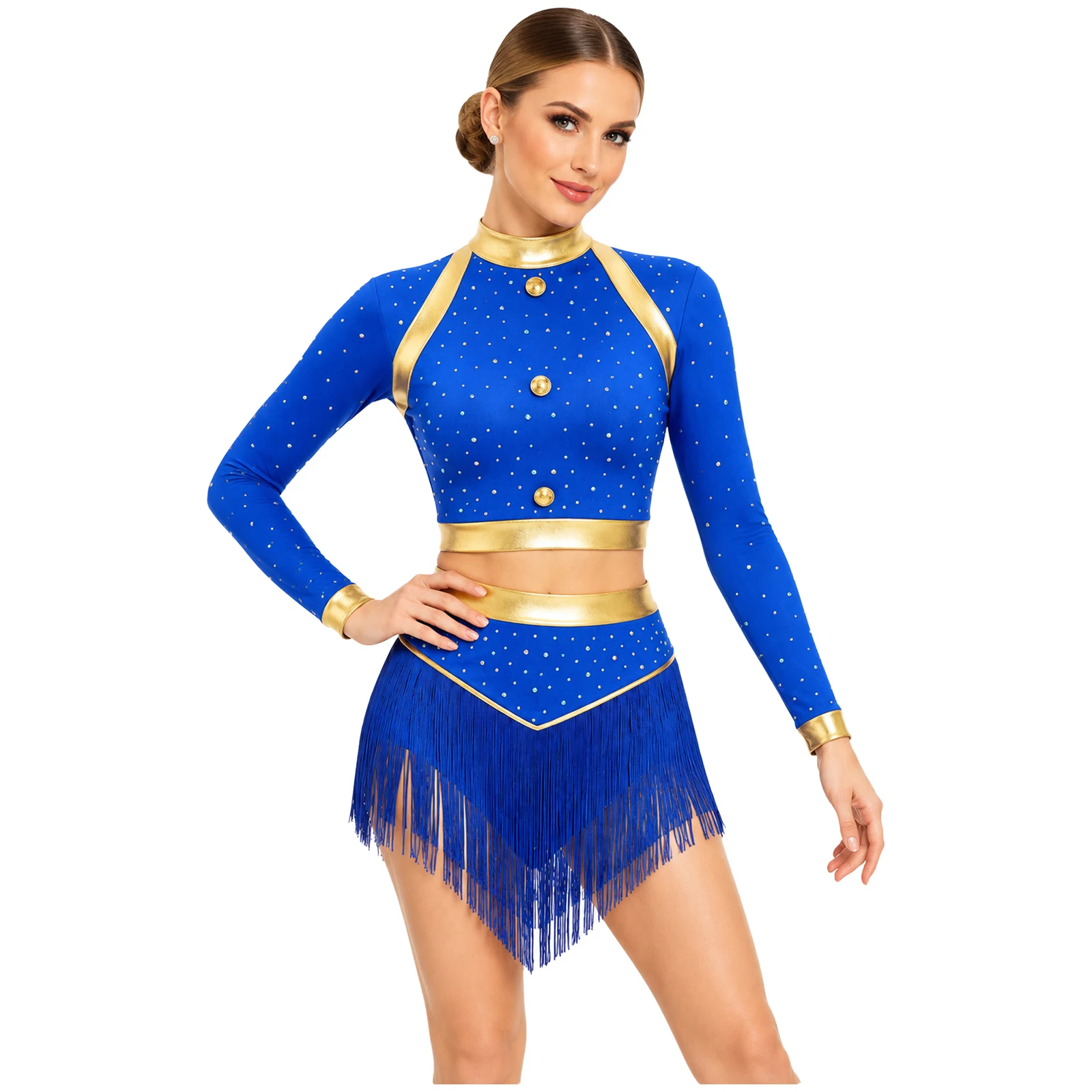 Women Latin Ballroom Dance Performance Outfits Long Sleeve Zipper Rhinestones Top And Tassel Skirts Tango Jazz Cha-cha Dancewear