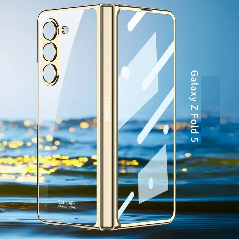 Luxury Plating HD Transparent Case For Samsung Galaxy Z Fold 7 6 5 4 5G Case with Ring Metal Ring Clear Shockproof Shell Case