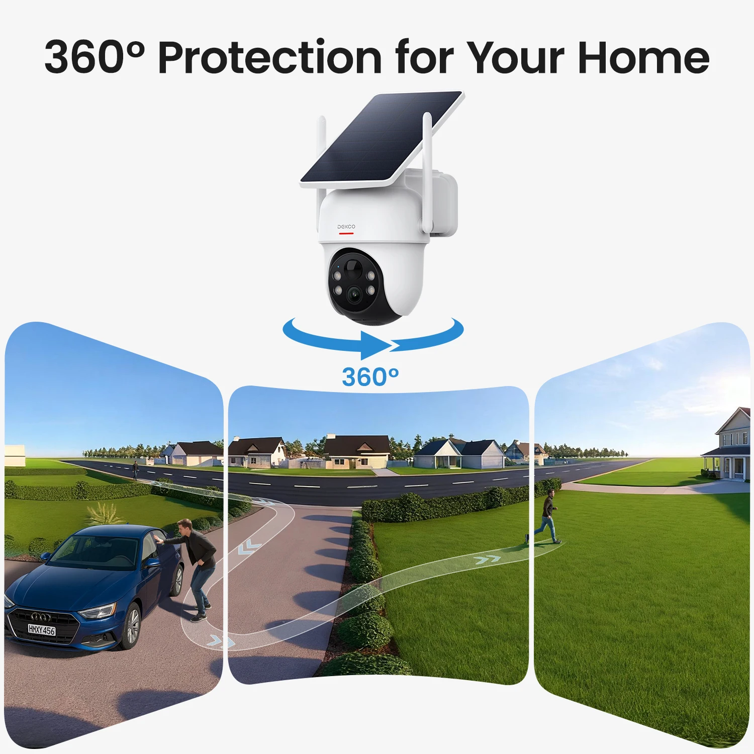 Dekco 3MP Wireless Solar Camera System 4-Cam Kit Outdoor 360° PTZ Surveillance Wifi Camera Set Include DekcoBase Support Alex