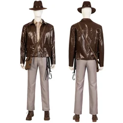 Movie Indiana Jones 5 Cosplay Costume Mens Indy Brown Leather Jacket Shirt Pants Full Set Outfit for Halloween Party