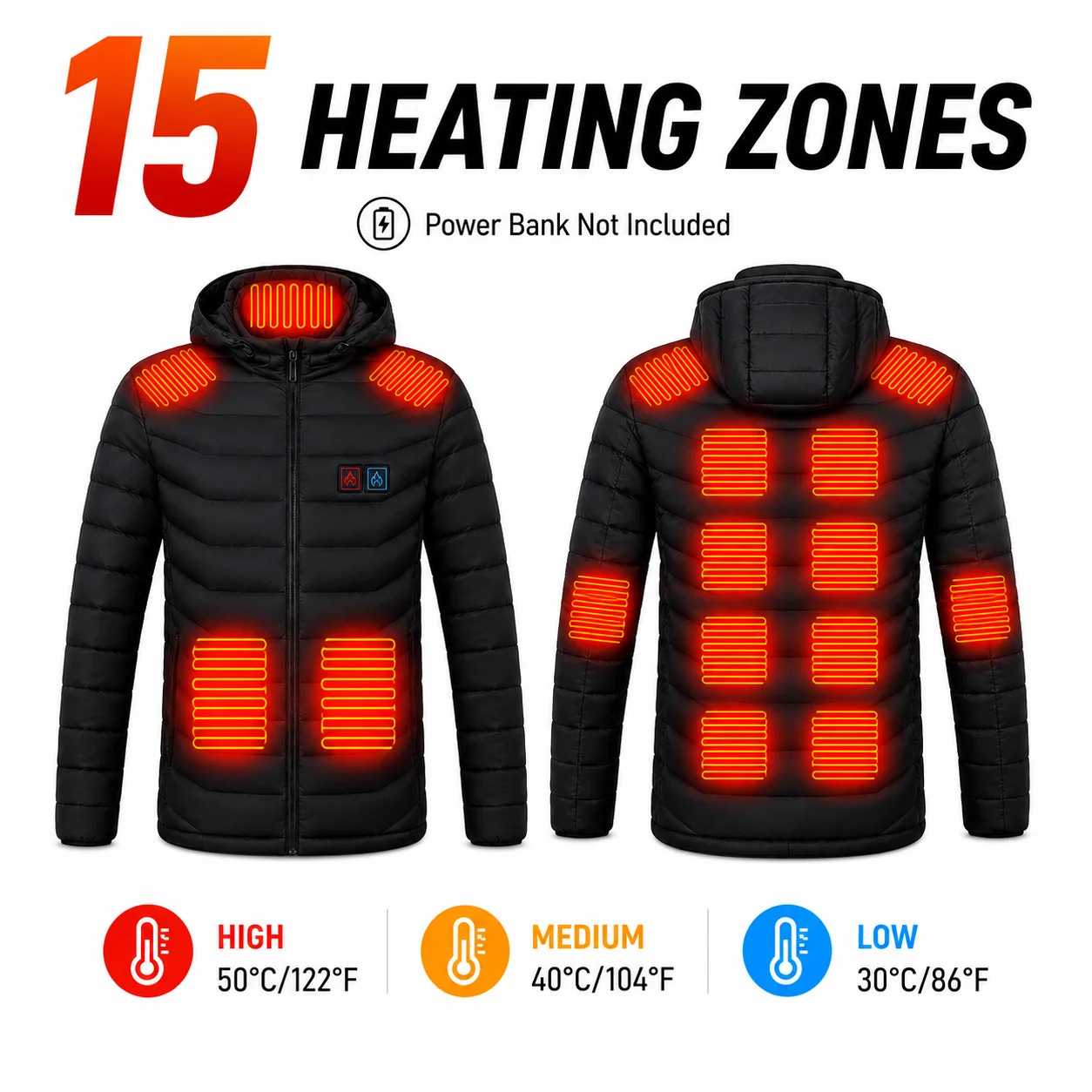 Chaqueta Térmica para Hombre con 3 Niveles de Calor, 15 Zonas de Calefacción, Abrigo de Invierno con Capucha para Uso Casual al Aire Libre - Negro, Poliéster, Manga Larga, Cierre de Cremallera, Cuatro Botones de Control, Calidez para Otoño e Invierno