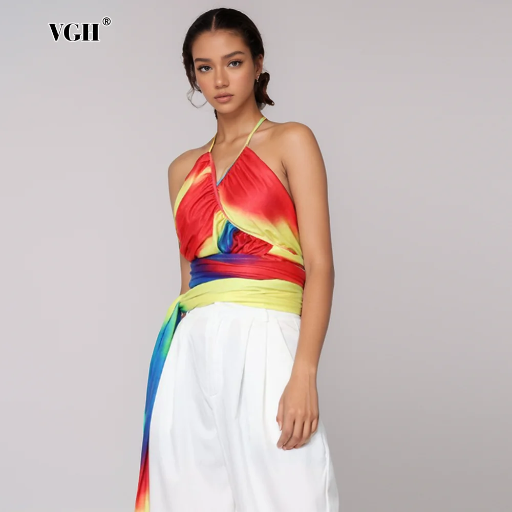 VGH Elegant Sexy Hit Color Tide Tank Tops For Women Halter Sleeveless Backless Slimming Patchwork Lace Up Vests Female Style New