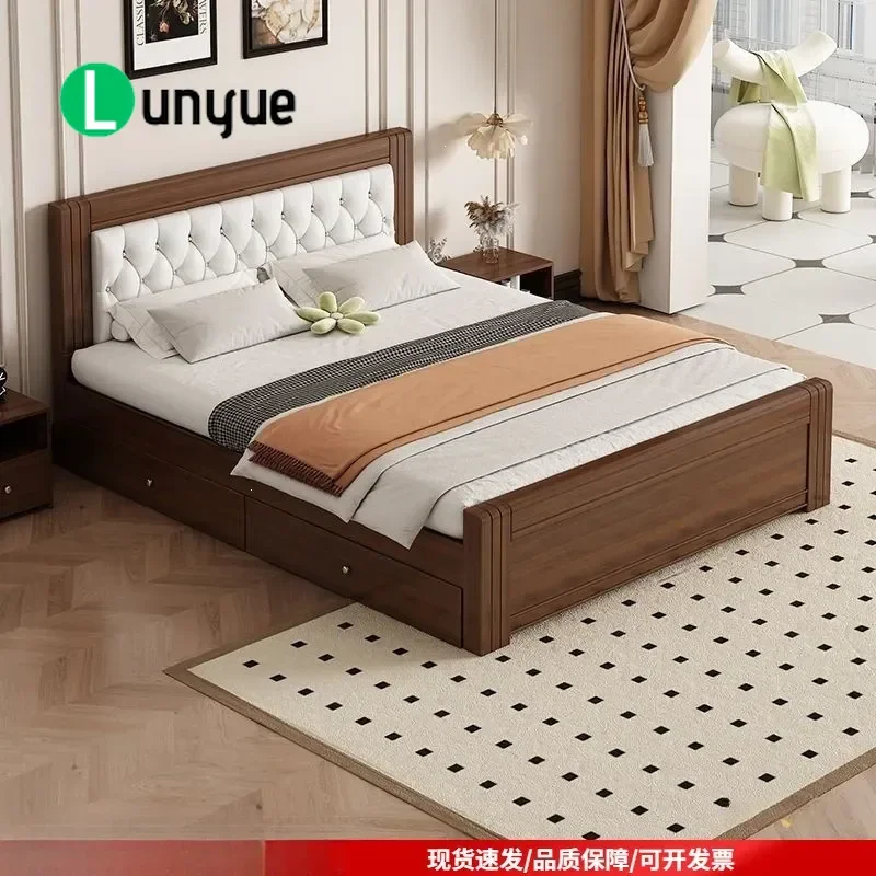 Solid Wood Bed Soft Upholstered Headboard Double Single Bed 1.8m 1.5m 1.2m for Master Bedroom Rental Room Home Furniture