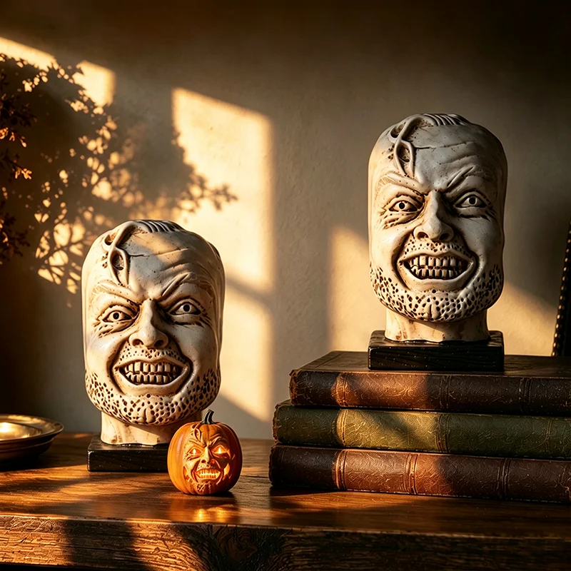 Gothic Dark Resin Human Head Bookend Spooky Vintage Bust Figurine Desktop Ornament for Bookshelf Study Halloween Home Decor Gift
