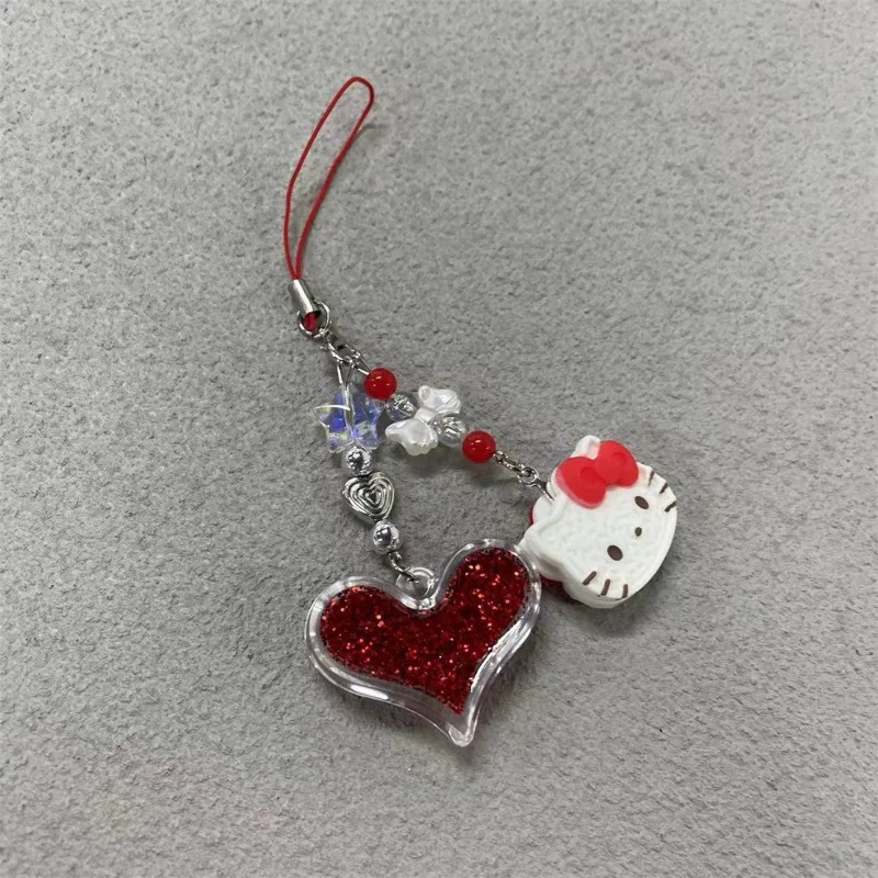 Anime bonito cordão do telefone móvel glitter amor pingente olá kitty ins moda dos desenhos animados kt gato chave curta pingente presente atacado