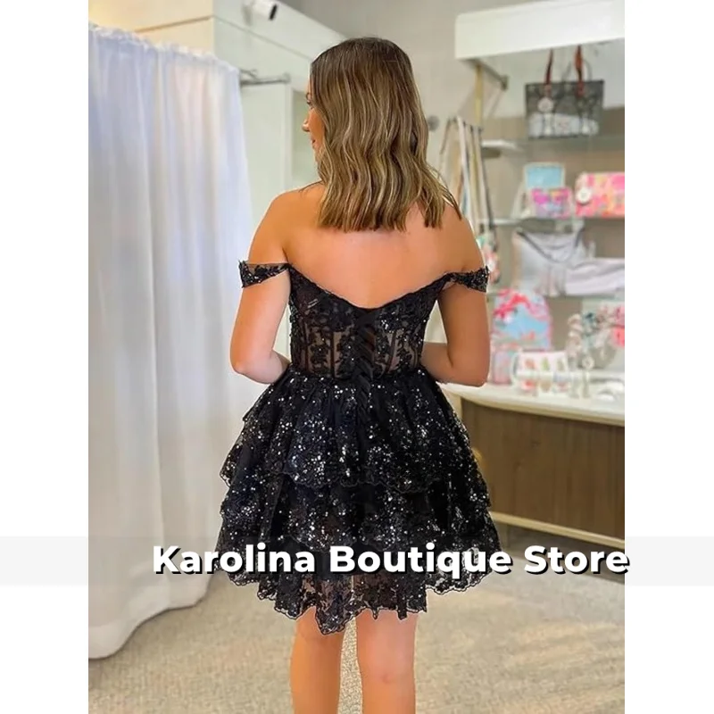 Sparkly Tulle Tiered Homecoming Dress for Teens Off Shoulder Short Cocktail Party Gown Corset Formal Mini Prom Dress