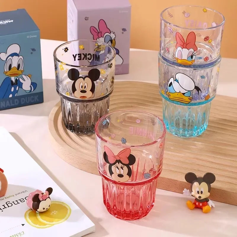 Disney Anime Kawaii Mickey Minnie Glass Pooh Bear Transparent Water Cup Household Cartoon Colorful Box Gifts Vertical Coffee Cup