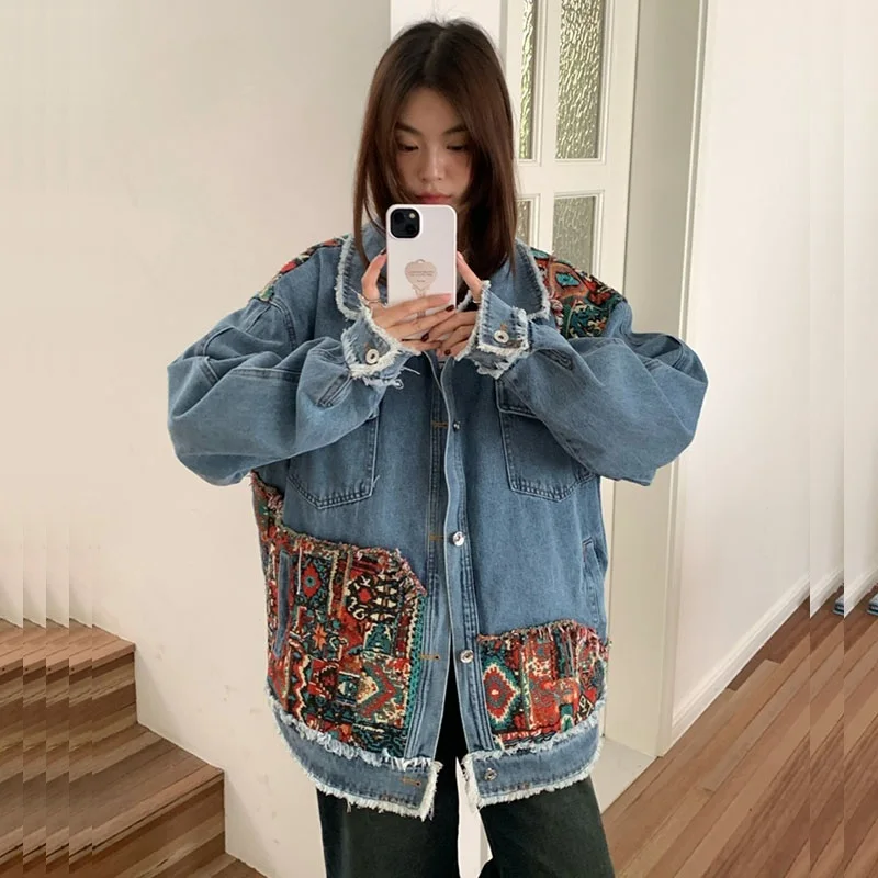 Spring Harajuku Vintage Ethnic Style Blue Short Denim Coat Women Contrast Color Patchwork Casual Lapel Long Sleeve Jeans Jacket