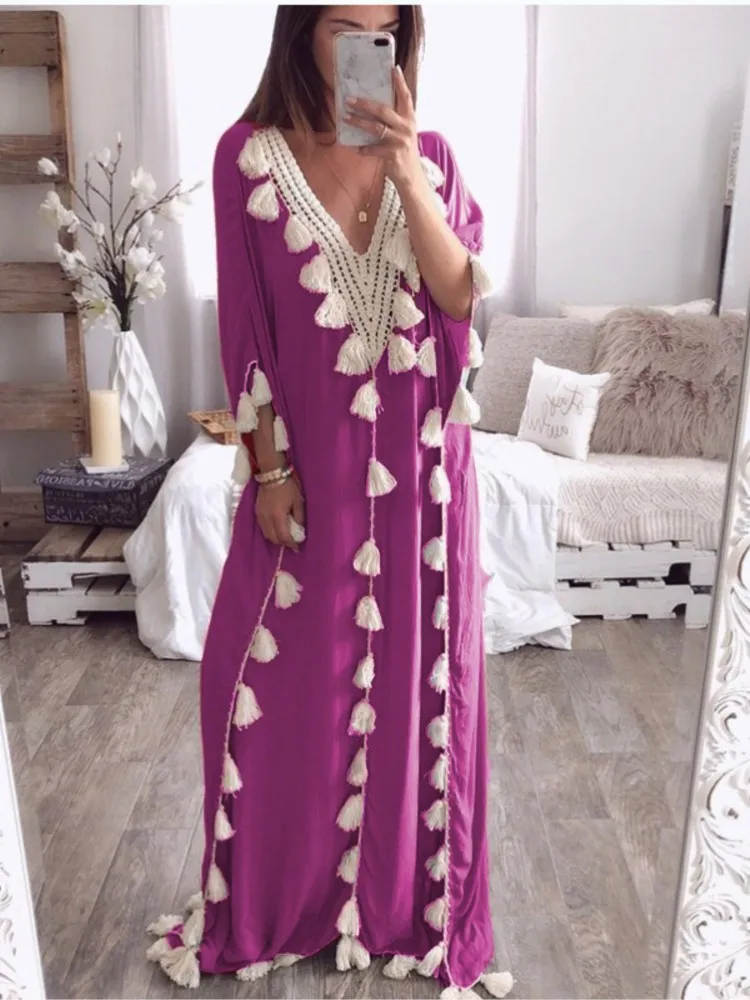 Sukienka damska z dekoltem w serek, rękawami do połowy, elegancka, jesienna, w jednolitym kolorze, koszula z frędzlami, luźna, w stylu boho, codzienna, łączona sukienka damska.