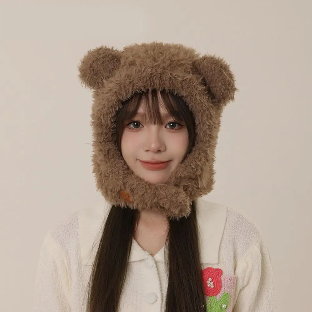 

Leisure Ear Protection Hat Bear Ears Hat Winter Cap Thickened Fluffy Hat Cute Cartoon Bib Hat Female/Girls