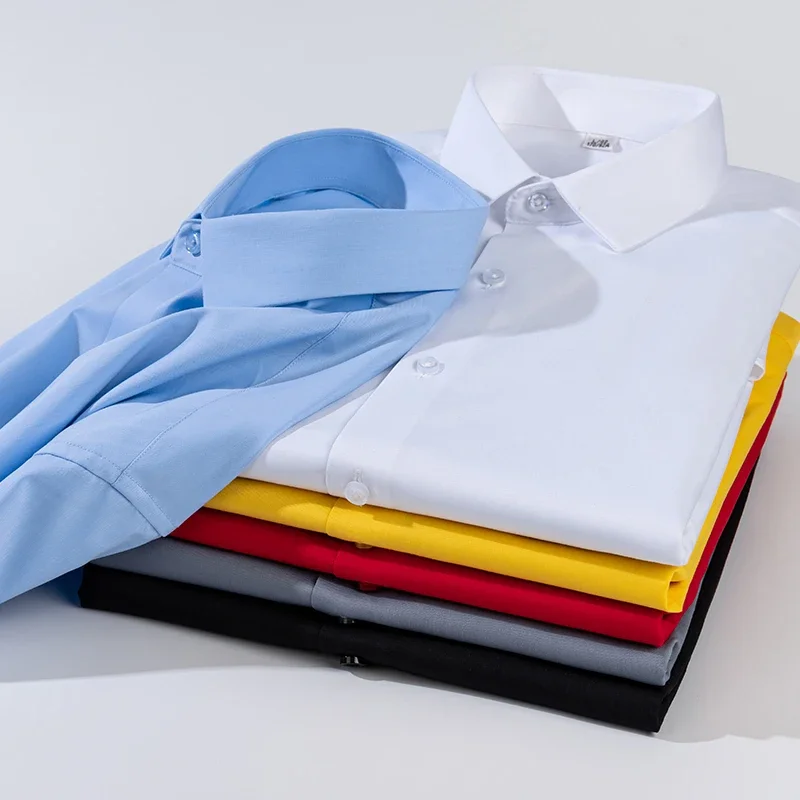 Camisas finas elásticas de manga larga para hombres, tops formales ajustados, ropa social suave, camisa blanca y negra sin arrugas para oficina