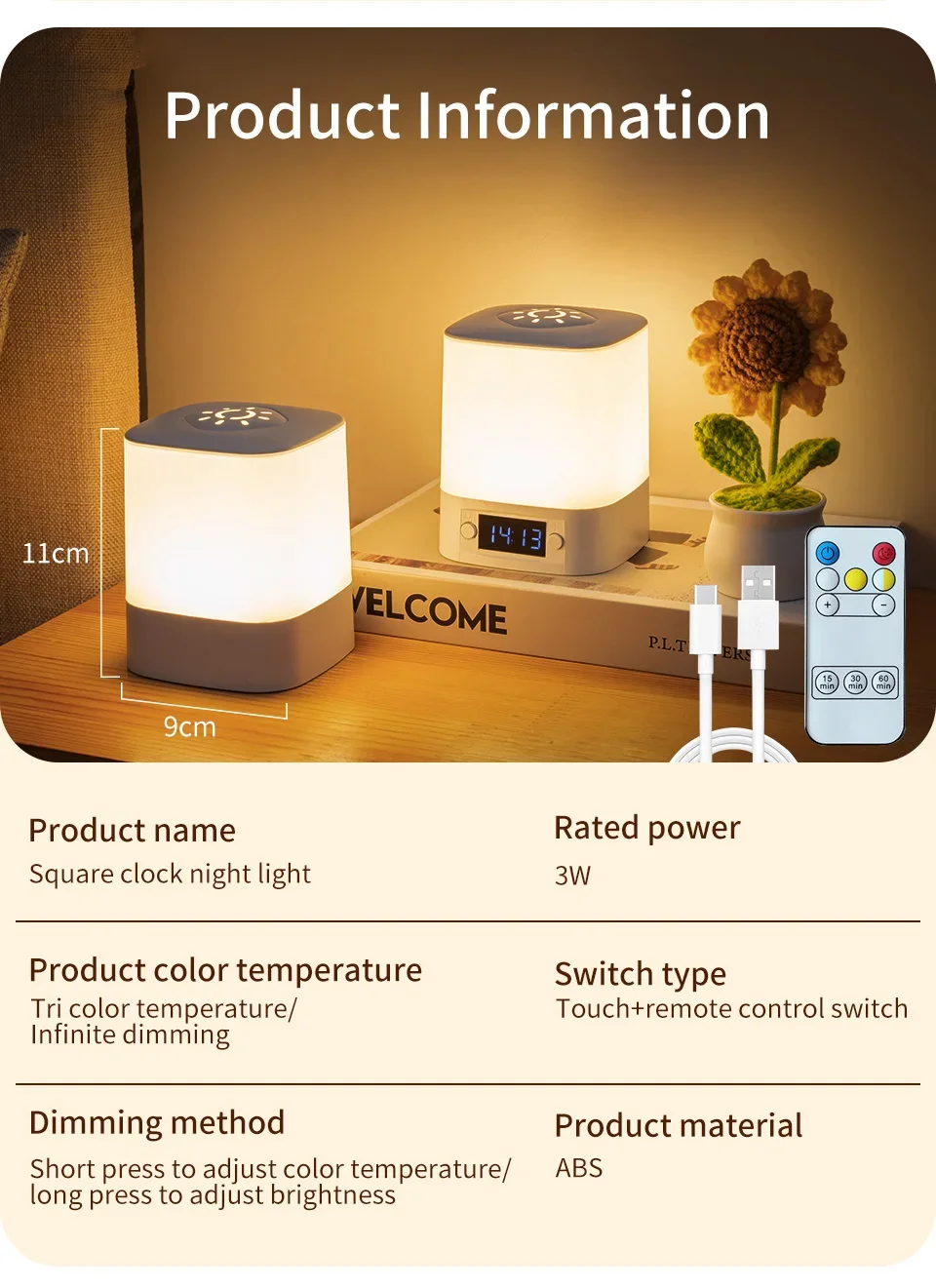 Bedside Led Night Lights Dimmable Charging Desktop Night Lamps with Clock Time Display Night Light Remote Control For Bedside