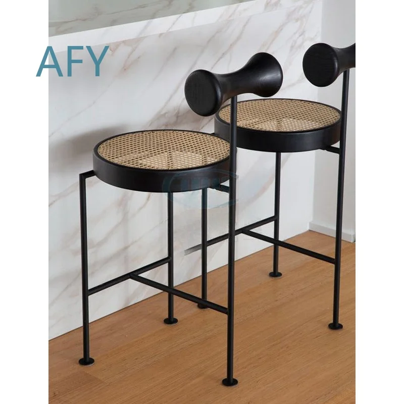 Minimalist Style Hotel Front Desk Bar Stools for High Rattan Light Luxury Solid Wood Bar Chairs for Home Office Pub Cafe