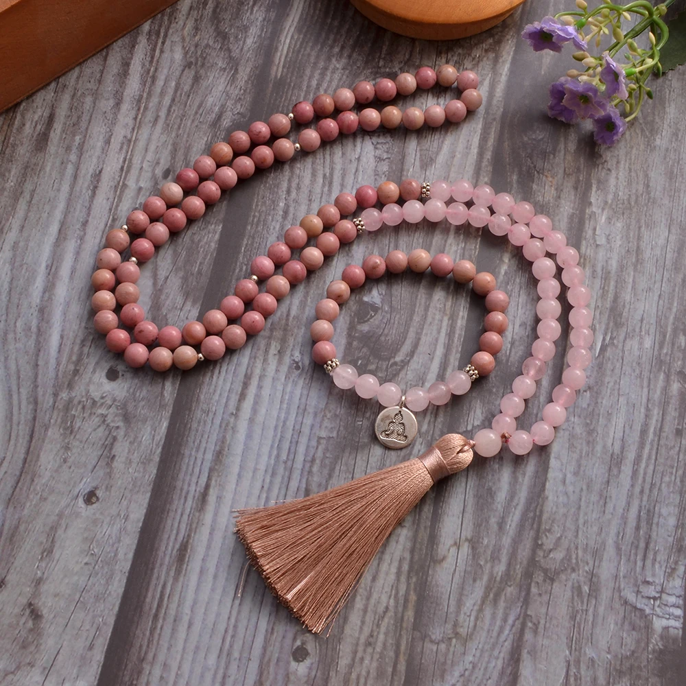 8mm Rhodochrosite Rose Quartz Beads 108 Mala Necklace Meditation Prayer Jewelry Japamala Rosary with Bracelet for Women