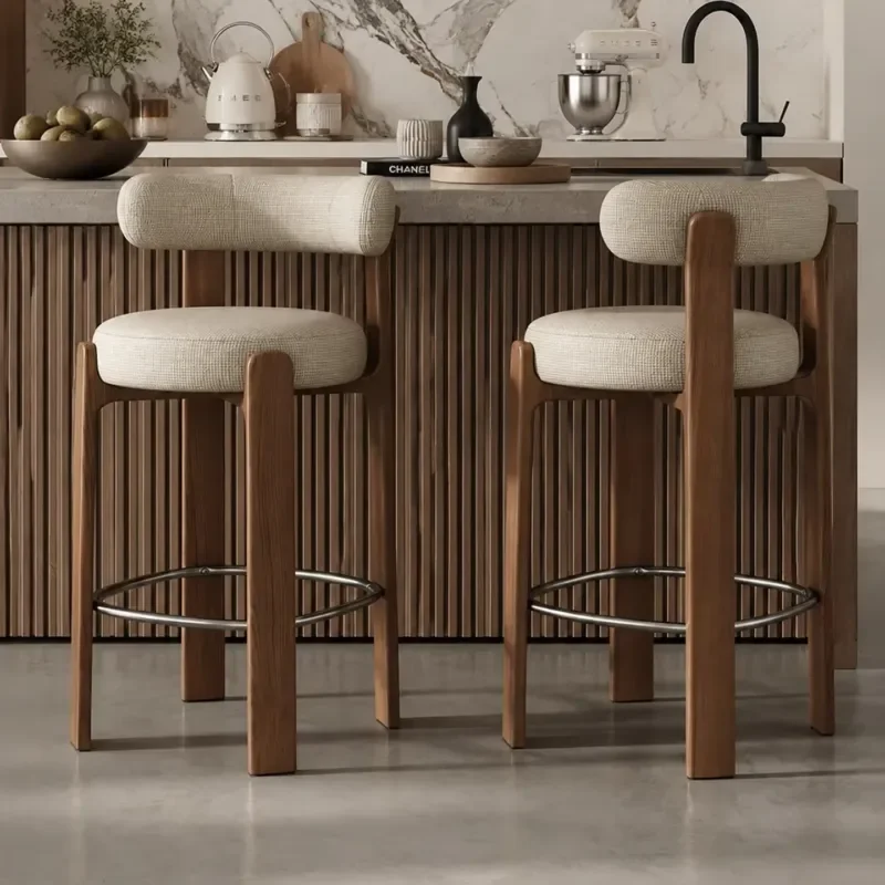 Modern Curved Backrest Bar Stool Beige Velvet Cushion High Counter Chair Wooden Legs for Dining Room Kitchen Island Hotel