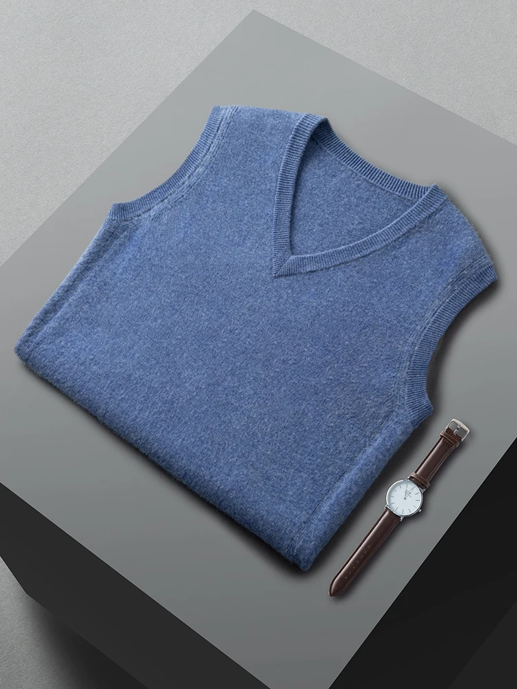 Warm Knitwear Vest 100% Pure Cashmere Vest Spring Autumn Pullover Men's V-neck Sleeveless Business Sweater Pure Color Clothing