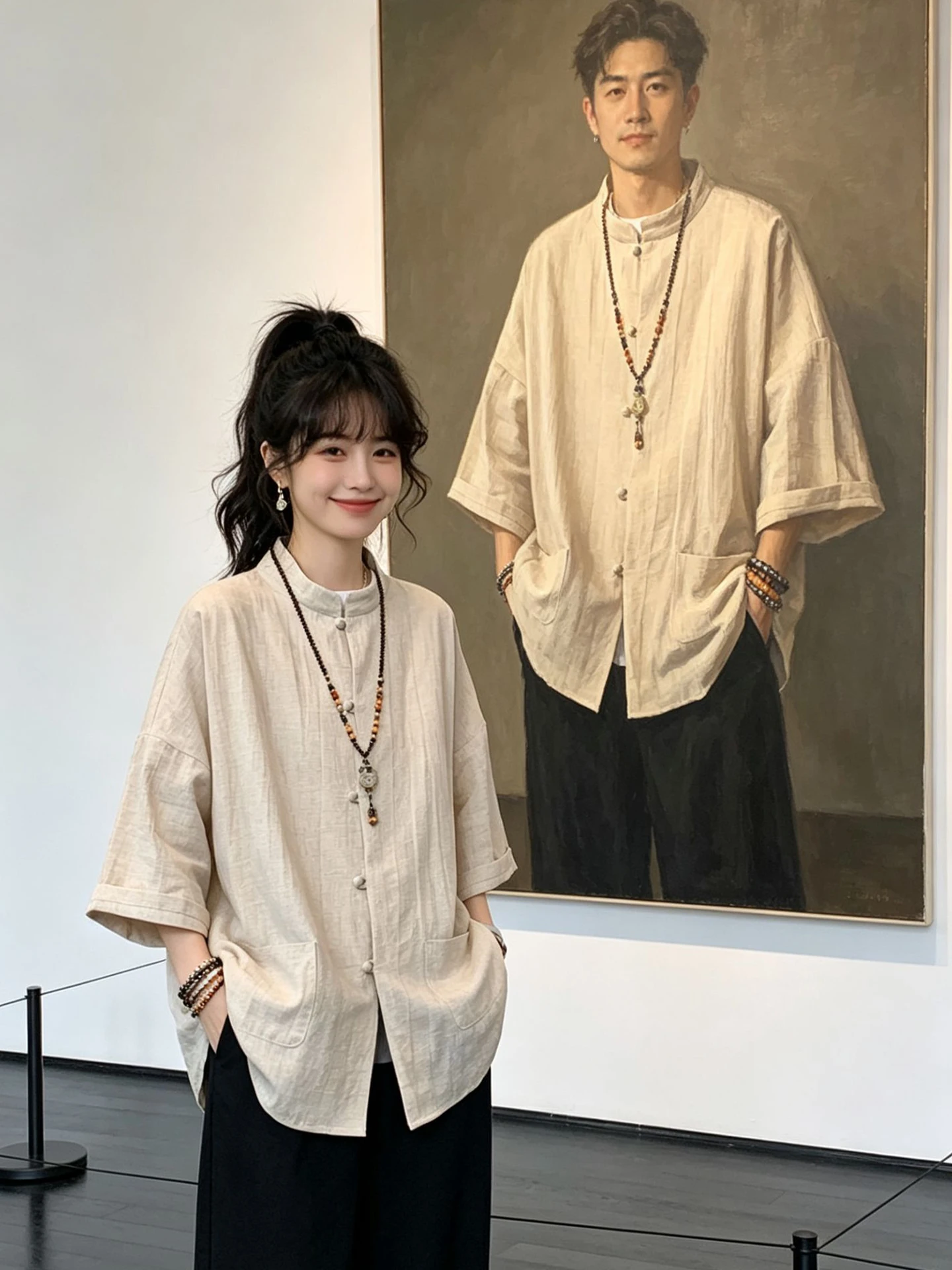 New Chinese Style Linen Short Sleeve Shirt Men's Summer Thin Stand Collar Ma qua Design Sense Seven Sleeve Tang Costume