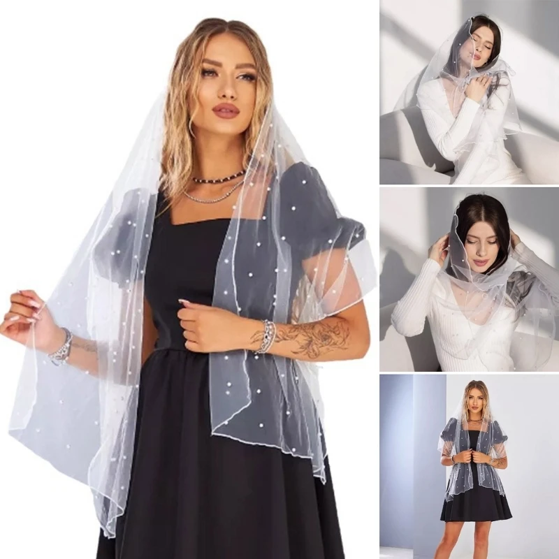 Mesh Veils Scarf with Pearls for Formal Wedding Evening Dress Shawl Wrap Capes