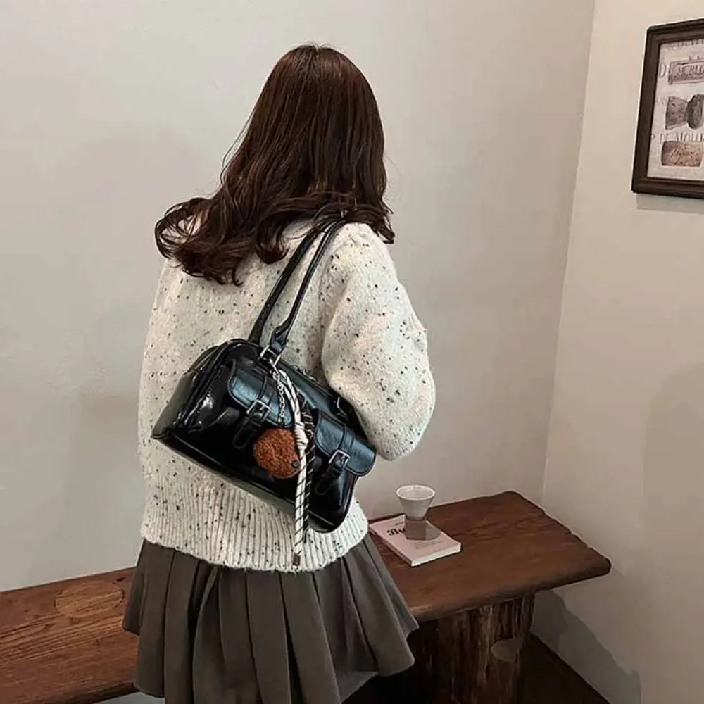 Simple Korean Style PU Bowling Bag Solid Color Minority Design Pocket Boston Tote Bag Handbag French Style Underarm Bag Girls