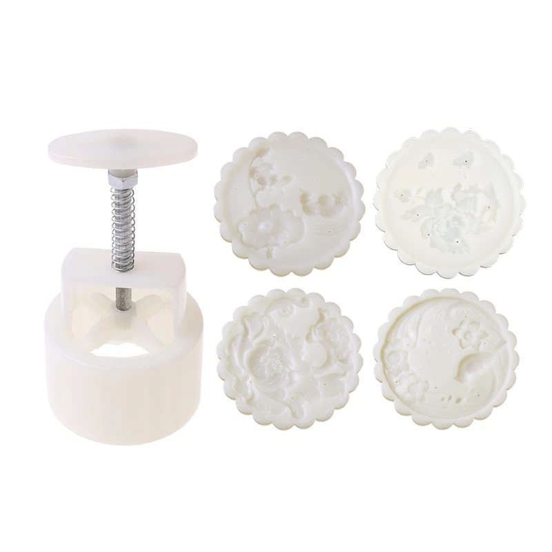 NICEFurniture 150g Mooncake Mold with 4pcs Flowers Stamps Hand Press Moon Cake Pastry Mould DIY Bakeware Mid-autumn Festival