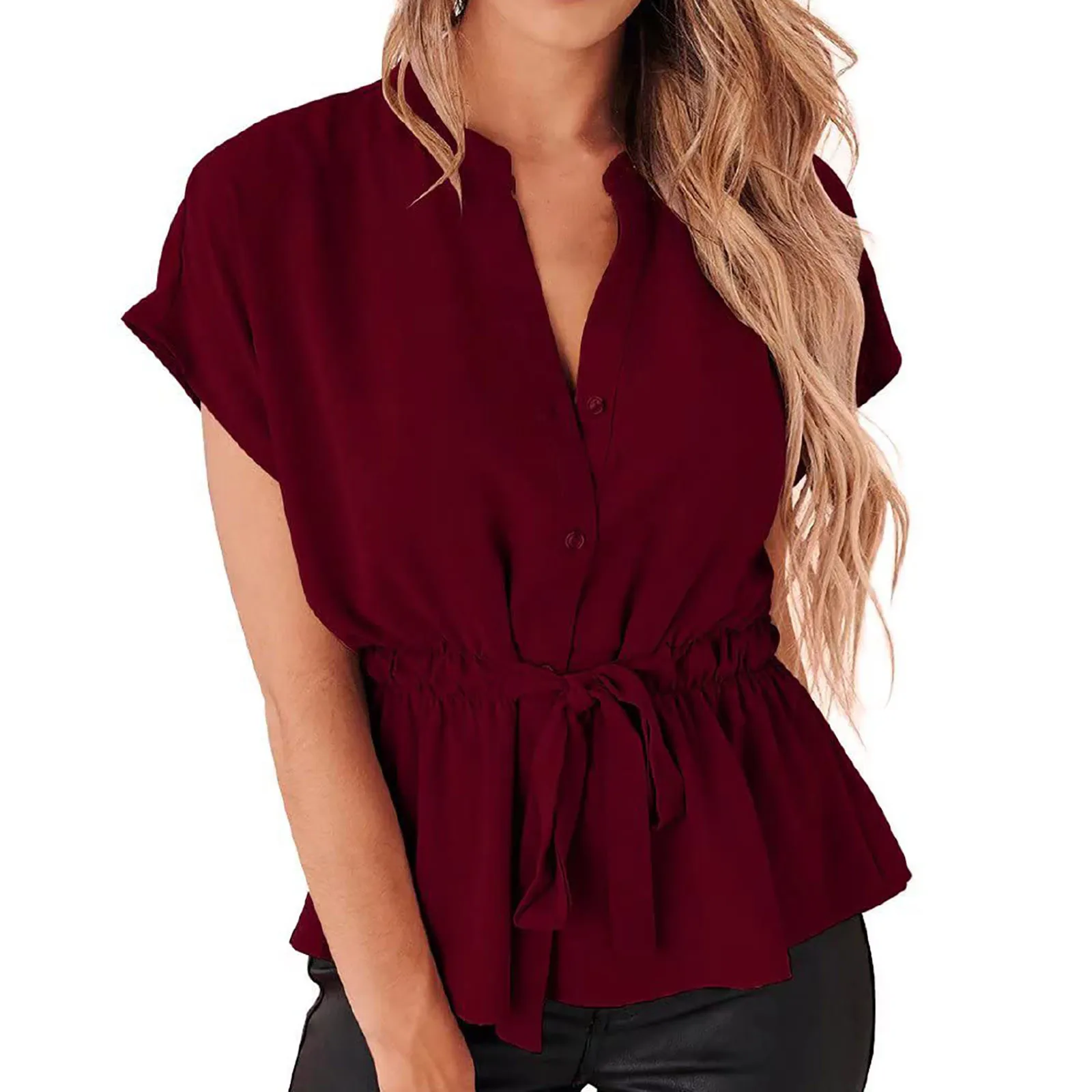 All-matching Peplum Summer Tops for Women Button Down Blouses Bat Short Sleeves Shirt Top Female Casual Chiffon Work Blouse