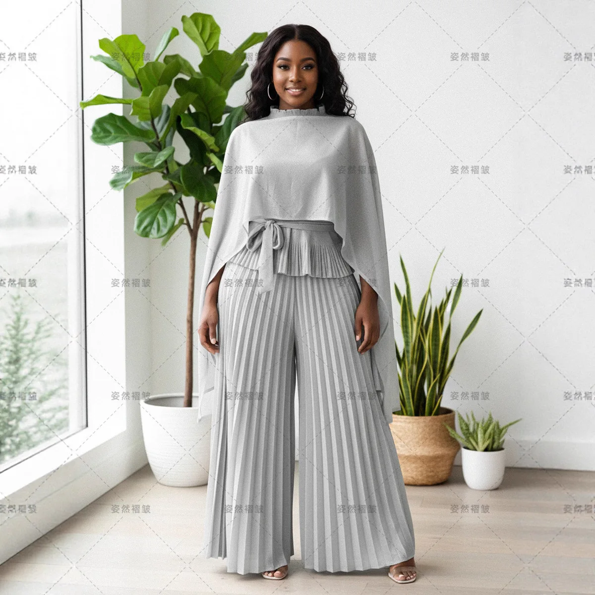 미야케 폴드 2025 신상 가을/겨울 쉬폰 프레스드 폴드 투피스 세트 여성 패션 와이드 레그 백폴드 팬츠 경량