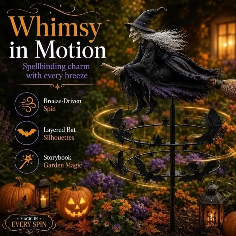 Witch and Bat Pattern Halloween Witch Garden Windmill Halloween Yard Art Outdoor Decor Metal Outdoor Garden Stake Decoration