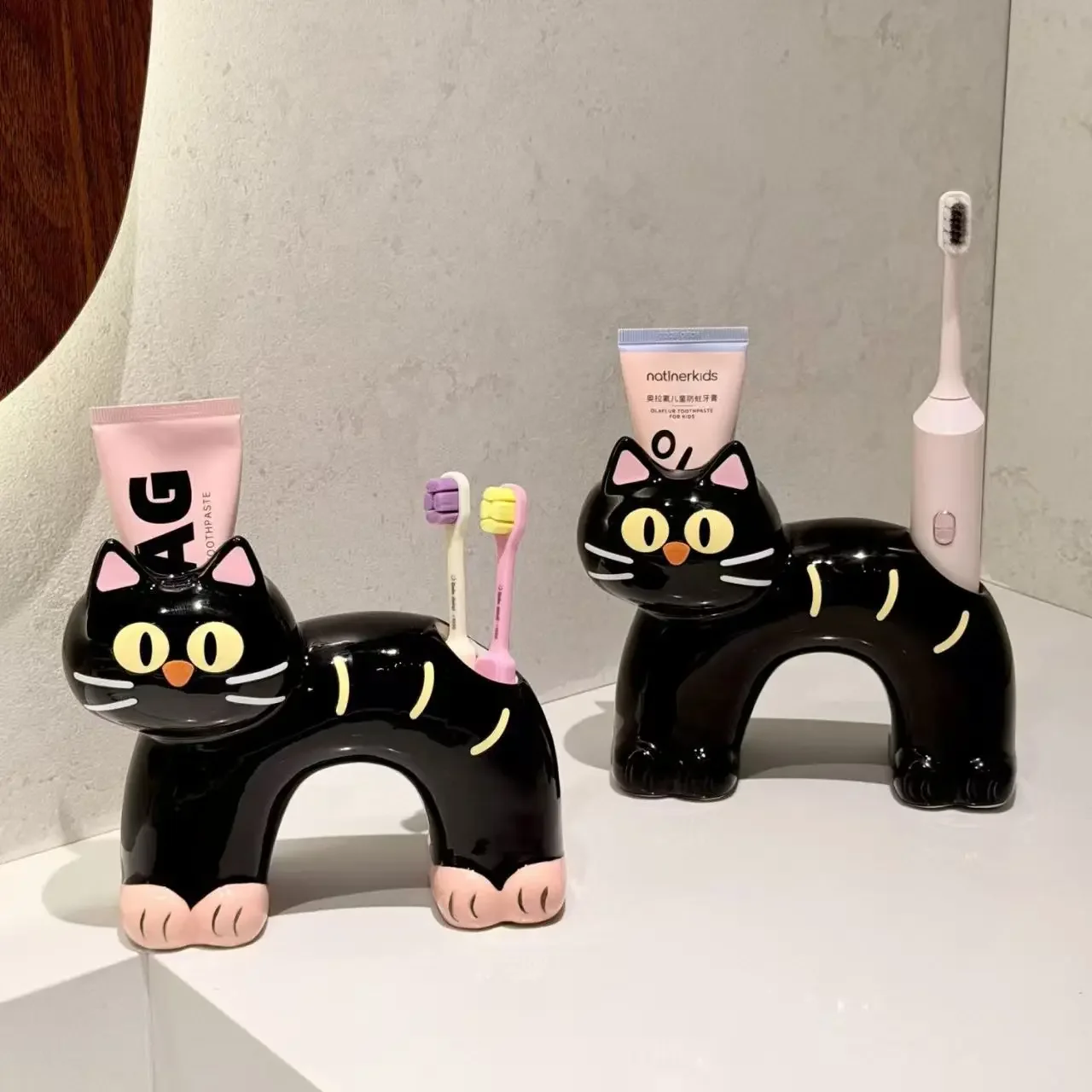 Siamese Cat Electric Toothbrush Holder Ceramic Countertop Toothbrush Stand Toothpaste Toothbrush Storage Rack