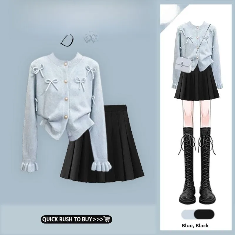 

Blue Knitted Cardigan Sweater with Bow Tie High Waist Pleated Skirt Set Women's Fashion Autumn Outfit Long Sleeve round ...