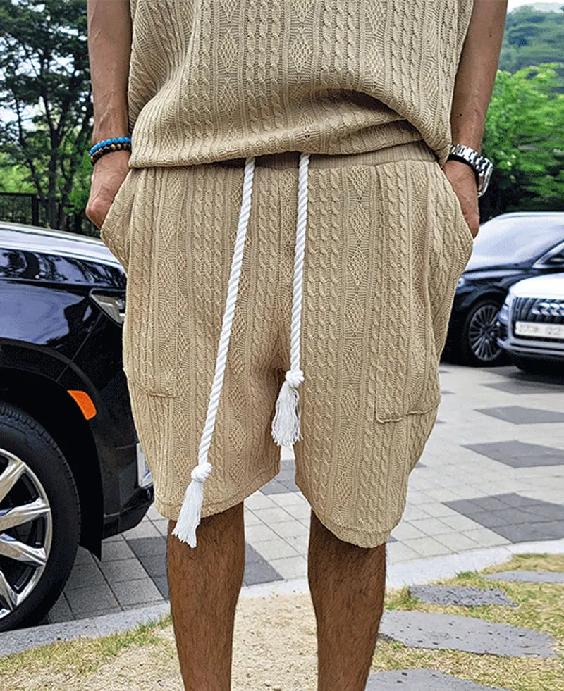 Men\'s Knit Suit Casual V-Neck Short Sleeve Plain Top & Shorts 2Pcs Set Fashion Streetwear Solid Jacquard Sweater Outfits