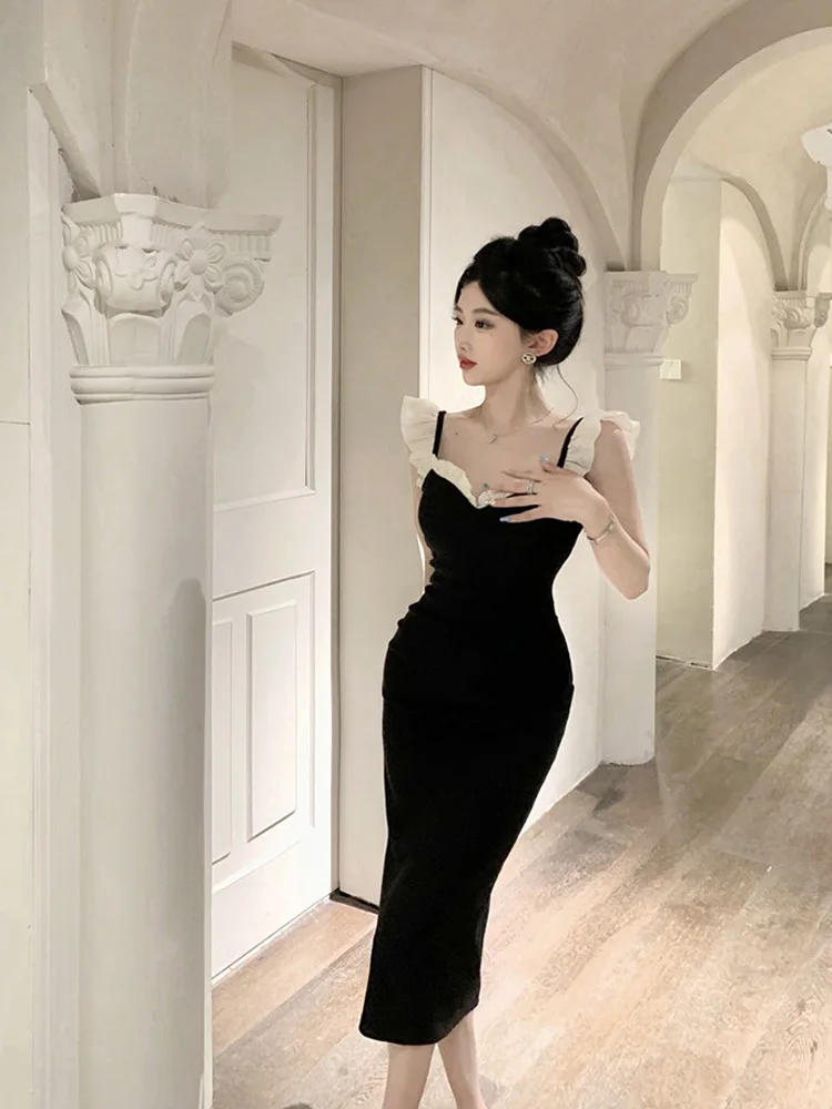 Fashion Dress Women Summer Fungus Edge Flying Sleeve Waist Slim Split Long Dresses French Retro Elegant Evening Robe