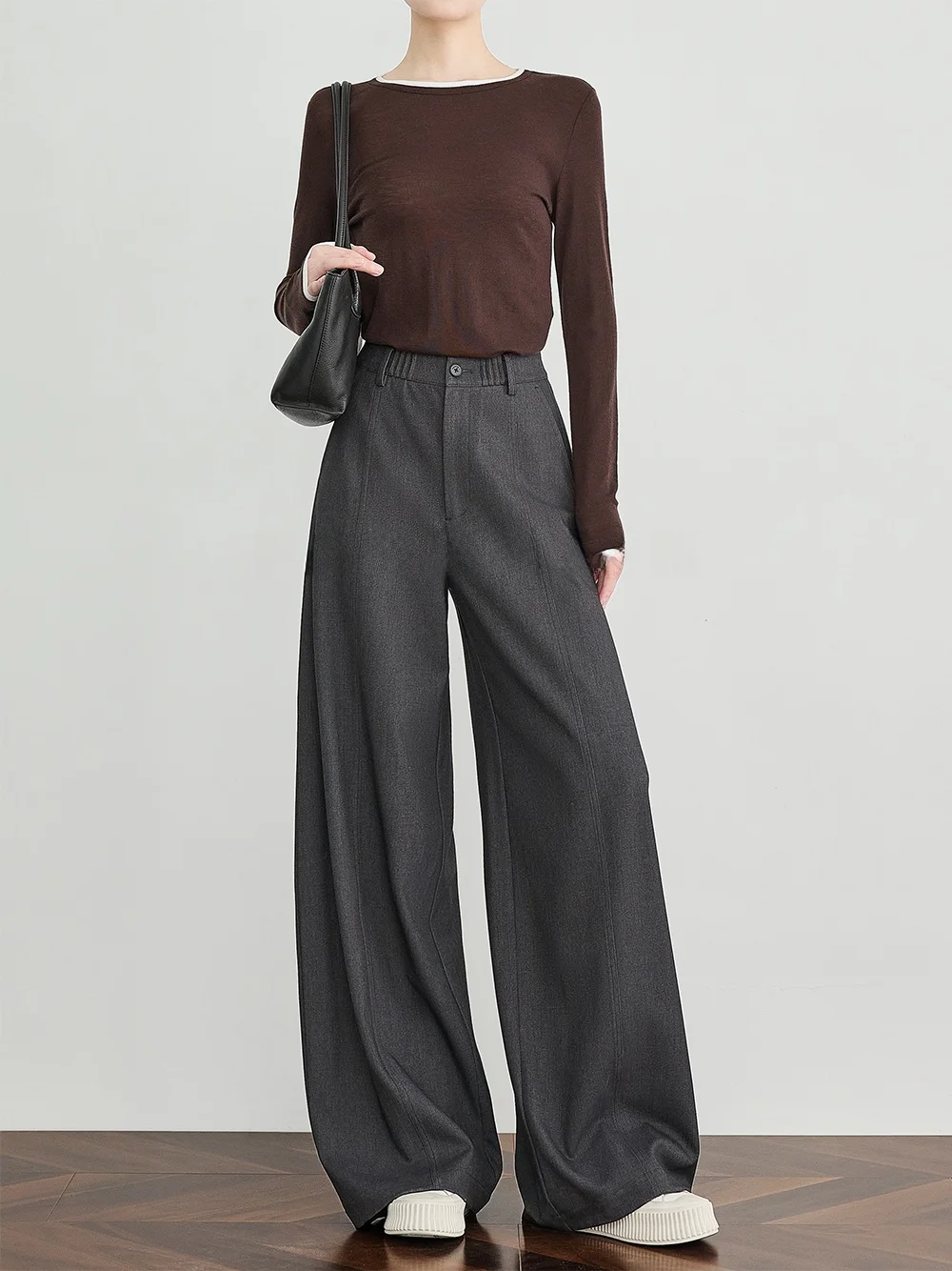 

FALIN ey Woolen Wide Leg Pants Women's Loose Drapey Straight Cut Trousers Commute Sle High Waist Zipper ket Detail
