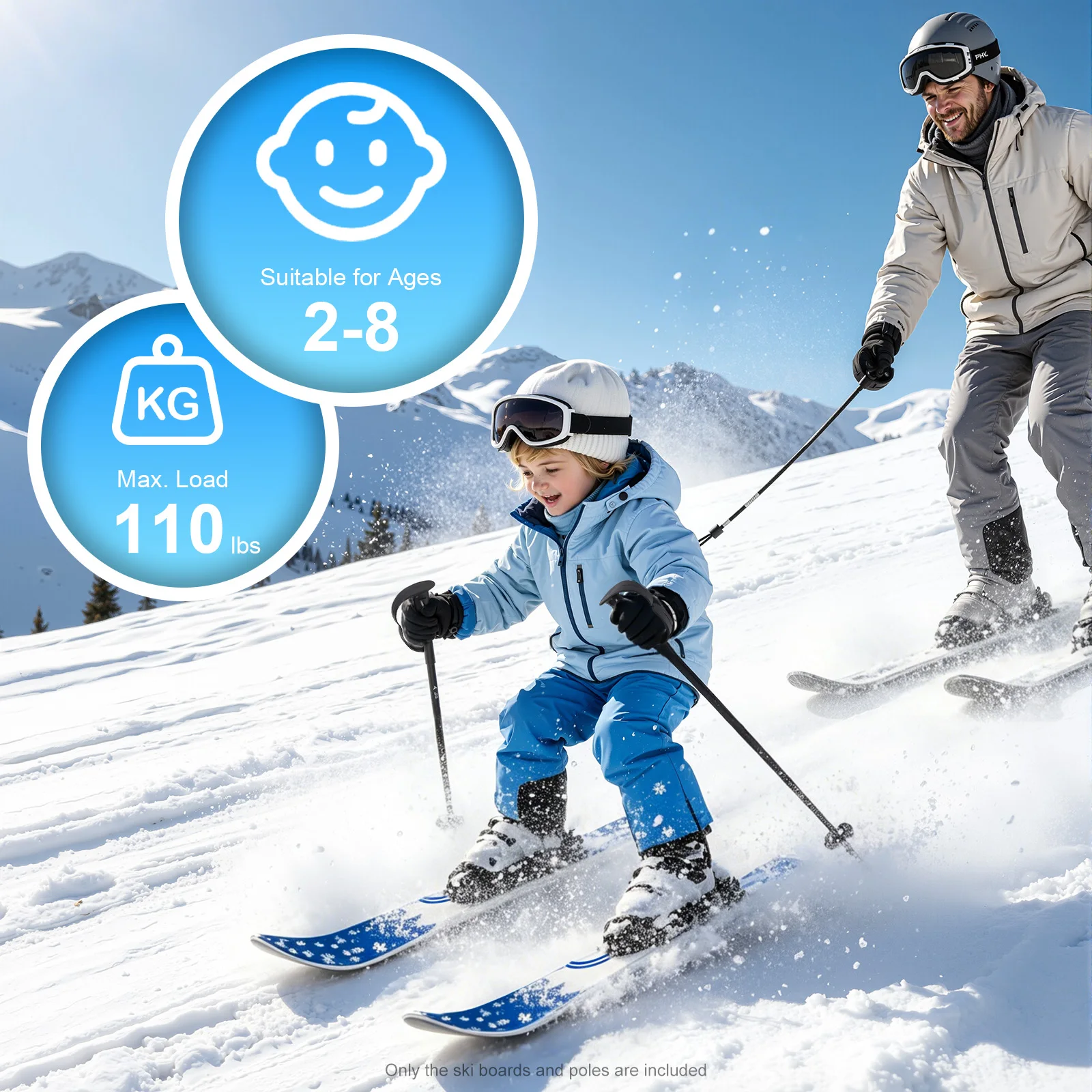 

Kid's Beginner Snow Skis and Poles for Age 2-8 Years Old Low-Resistant Ski Boards Lightweight Sturdy Safe Kids Skiing Equipment