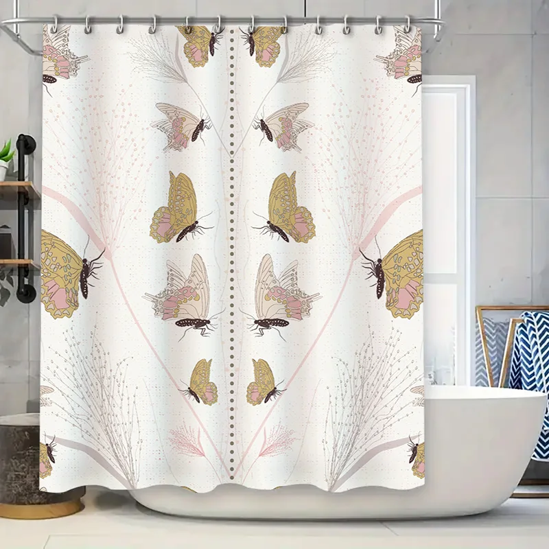 Butterfly Bath Shower Curtain Vintage Floral Print Decorative Waterproof Fabric Pink Yellow Purple Colors Rectangular Size 72 x