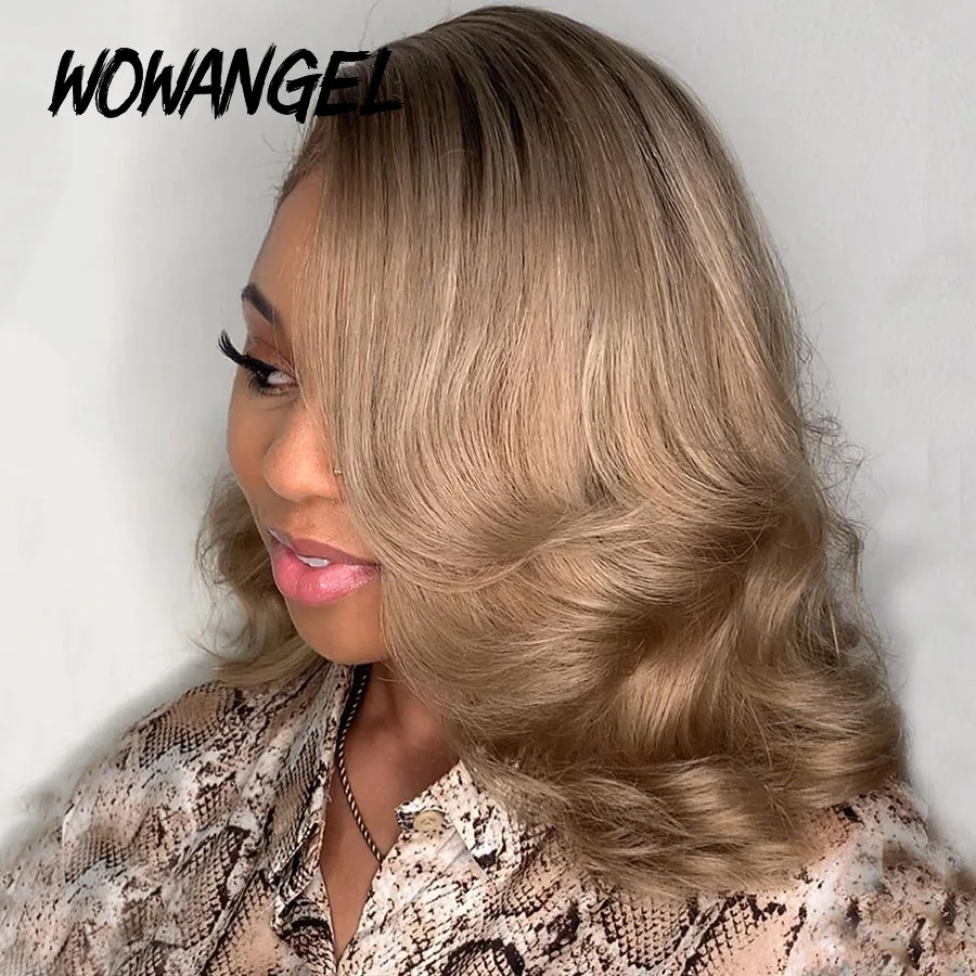 Peruca dianteira com renda para mulheres, perucas curtas Bob, loiro cinza, raízes escuras, peruca ondulada colorida, onda corporal, cabelo humano, 13x4 HD